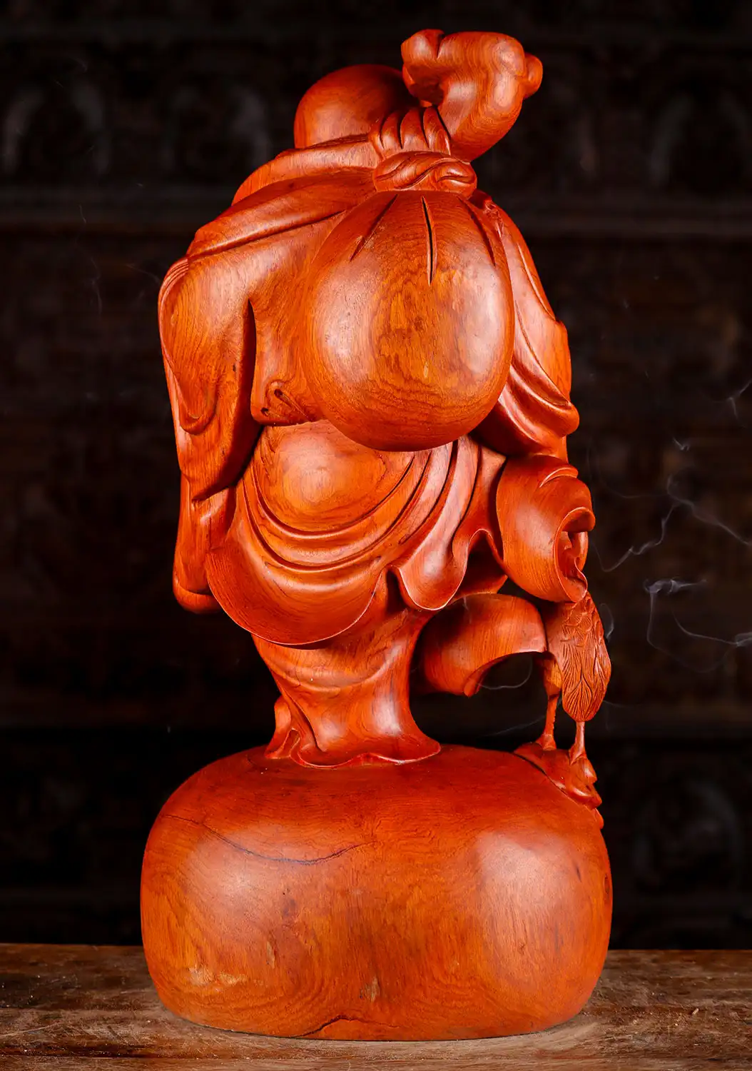 Happy Buddha Carrying Wishstick with Crane Hand-Carved Vietnamese Wood Statue 23"