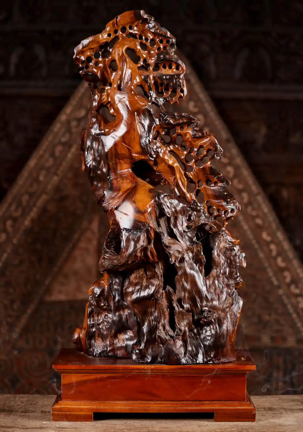 Hotei Buddha Under Bodhi Tree with Peaches Hand-Carved Dark Wood Sculpture 29"