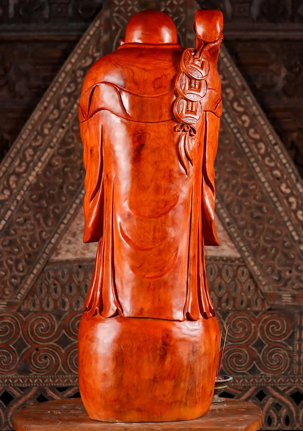 Happy Buddha Hand-Carved Wood Statue with Hands Clasped on Sack of Gold 40'