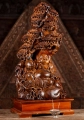 Hotei Buddha Under Bodhi Tree with Peaches Hand-Carved Dark Wood Sculpture 29"