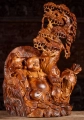Laughing Buddha Under Bodhi Tree with Child, Wishstick, Gold Ingot, Coins, and Radish 29"