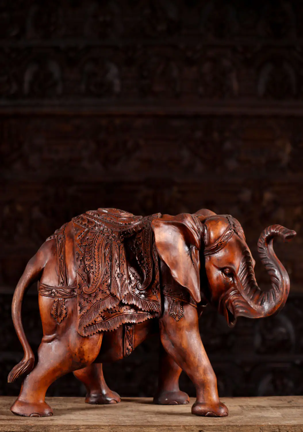 Processional Elephant Wood Sculpture with Decorative Carpet and Curled Trunk 16"