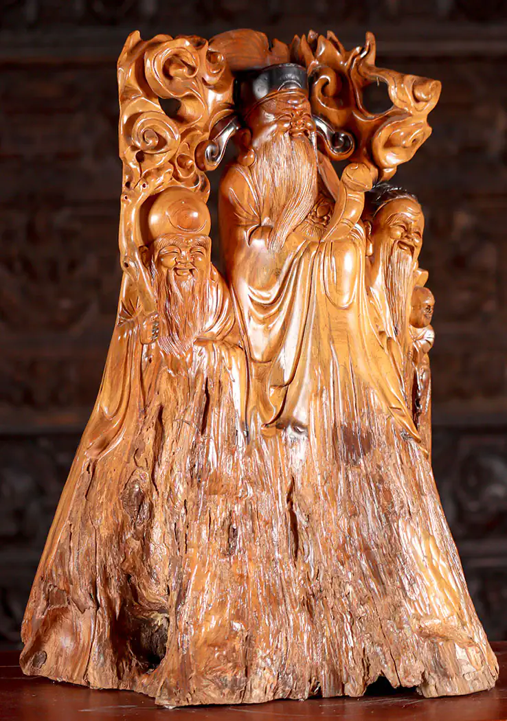 Wood Statue of Lao Tzu, Confucius & Buddha Surrounding with Smoke and Natural Base 23.5"