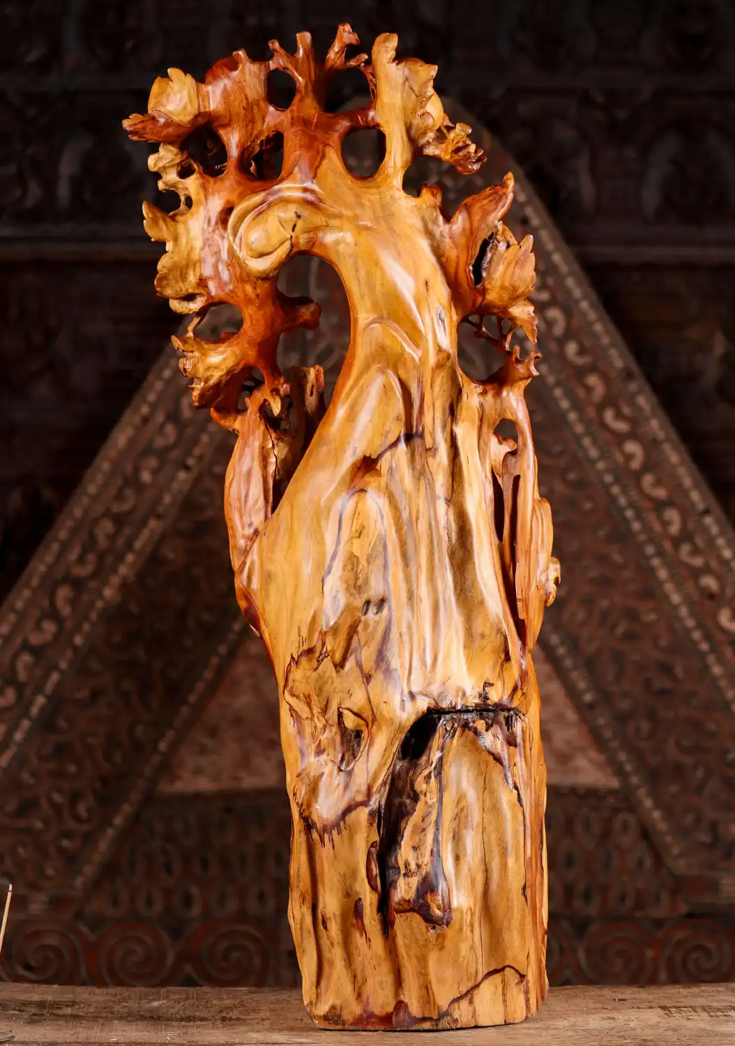 Hotei Buddha Wood Sculpture Holding Wish Stick and Peach Under Fruiting Tree 34"