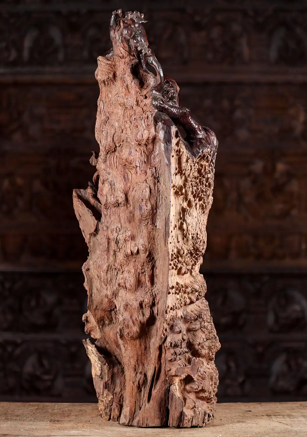 Bodhidharma Hand-Carved Zen Sculpture in Natural Burl Wood with Dark Accents 29"