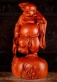Happy Buddha Carrying Wishstick with Crane Hand-Carved Vietnamese Wood Statue 23"