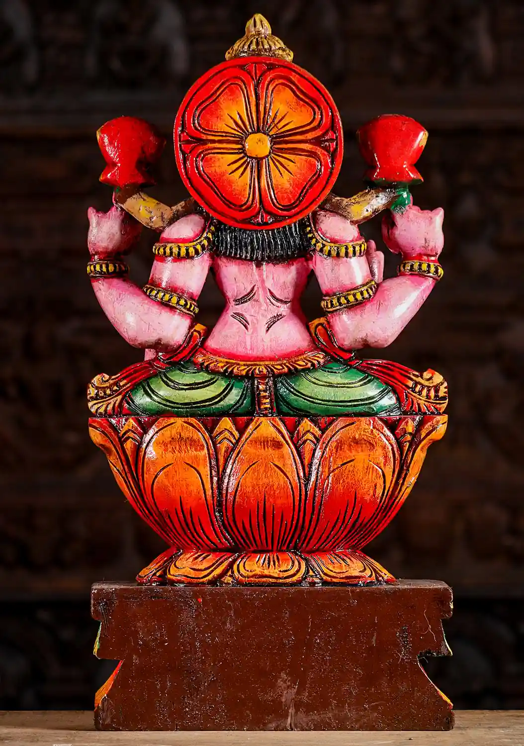 Lakshmi Painted Wooden Statue in Lalitasana: Abhaya, Varada & Lotuses 24"