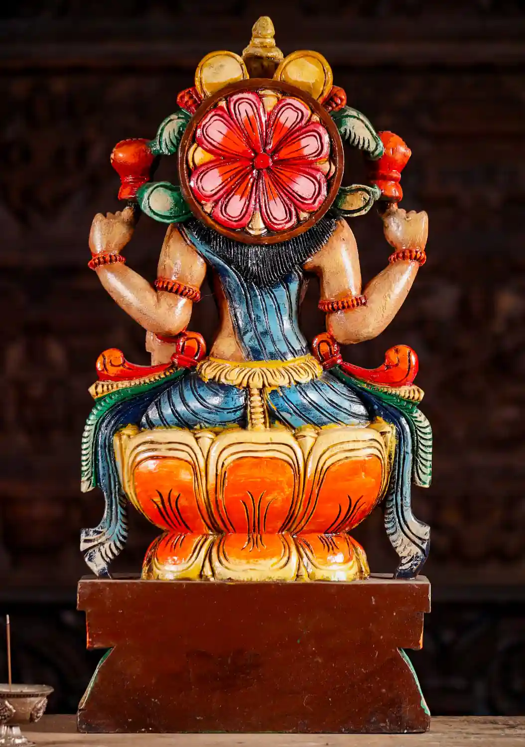 Lakshmi Hand-Painted Wood Statue in Abhaya and Varada Mudra with Lotus Flowers 24