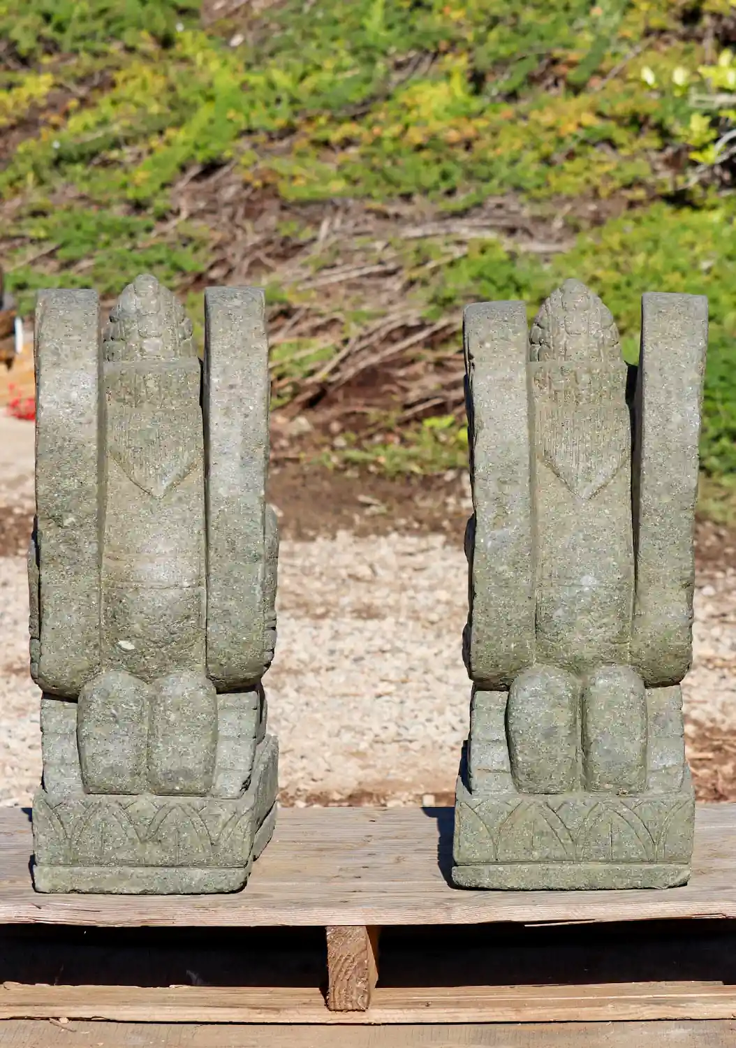 Kneeling Balinese Dvarapala Guardian Angel Stone Statues Pair of Hand-Carved Garden Sculptures 23.5"