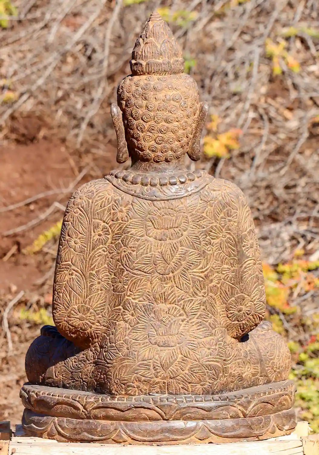 Buddha Lava Stone Sculpture, Meditating in Saffron Color with Brocade Robes 32"