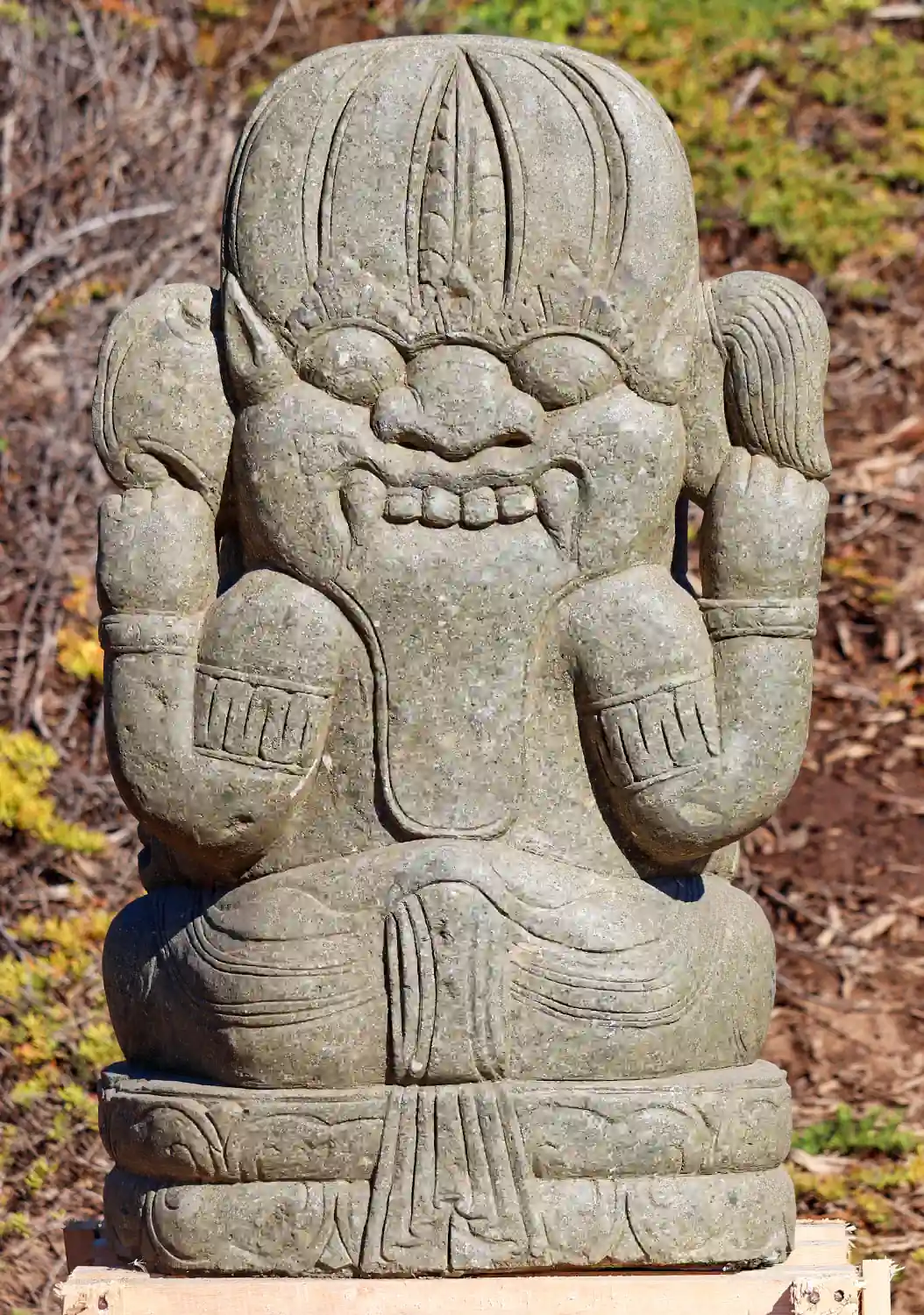 Ganesha Lava Stone Garden Statue, Seated with Sweets & Mahakala Back 39"