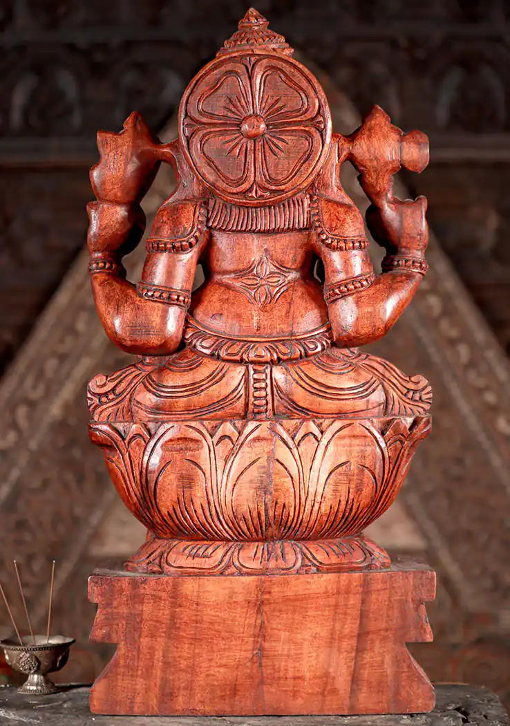 Ganesha Hand-Carved Wood Statue in Lalitasana with Goad, Noose, Mango, and Broken Tusk 24"