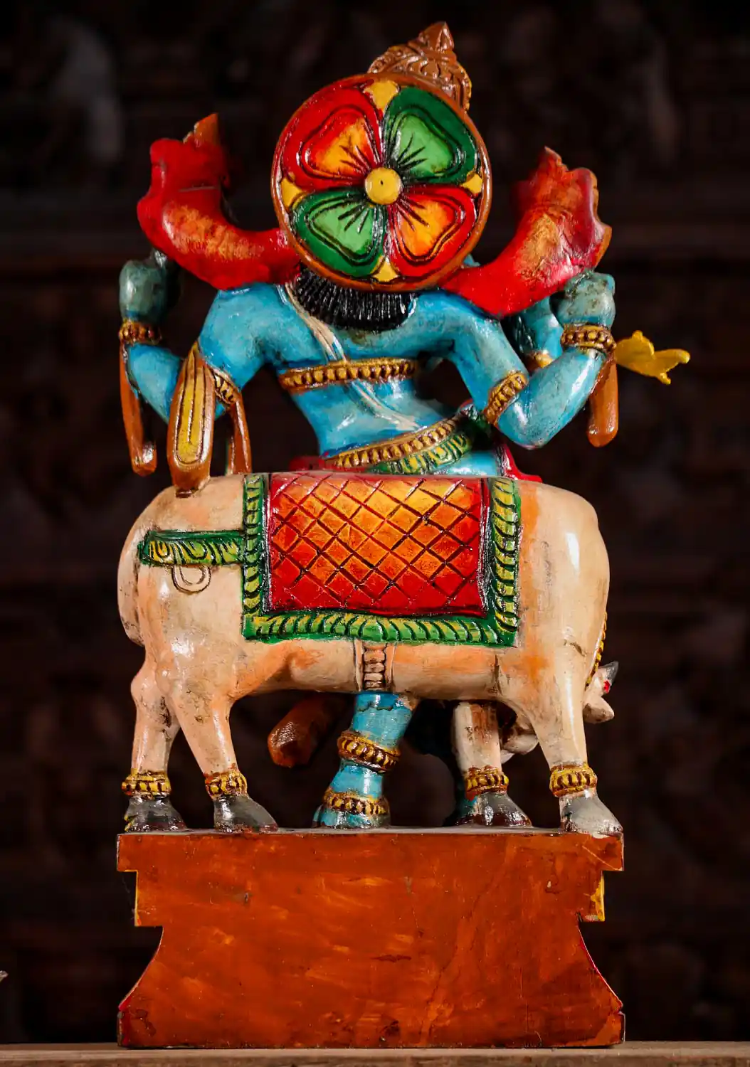 Krishna Hand-Painted Wood Statue Standing on Lotus Base Playing Flute with Cow 24"