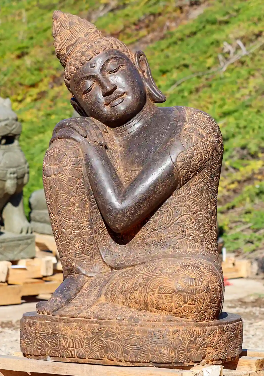 Dreaming-Resting Buddha Garden Statue Saffron Colored Lava Stone Statue Hand Carved 36"