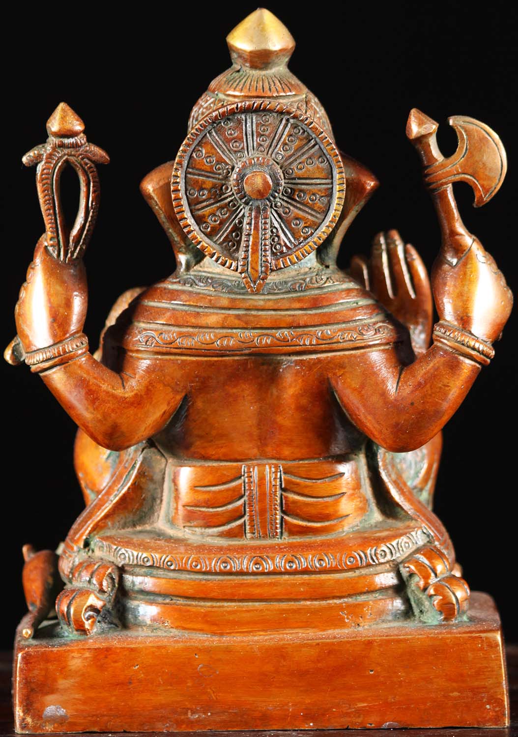 Brass Ganesh with Curled Trunk Holding Ax, Noose, Laddus, & Broken Tusk Statue 8"