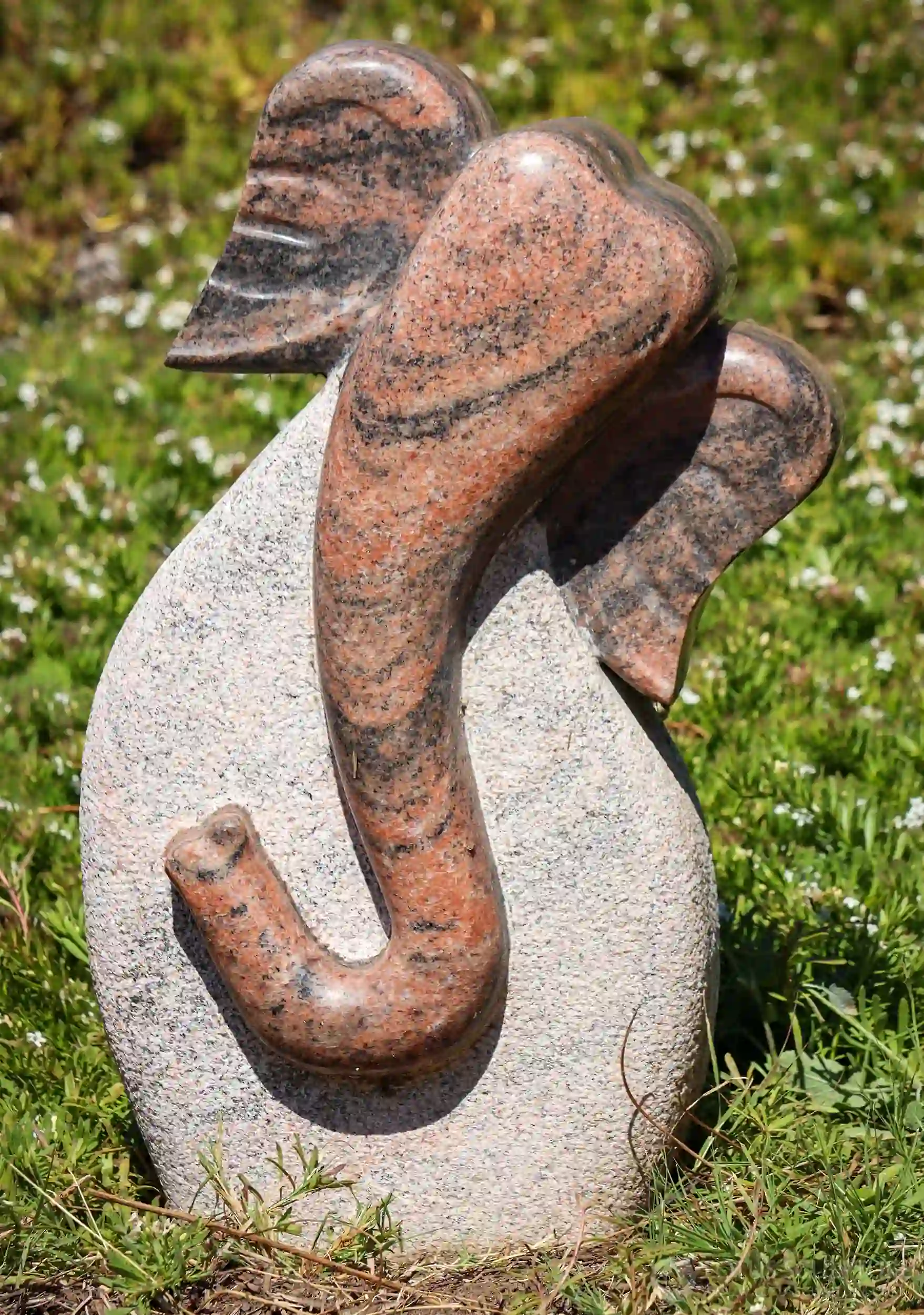 Ganesh Pink & Red Granite Sculpture, Right-Curved Trunk Abstract Form 24"