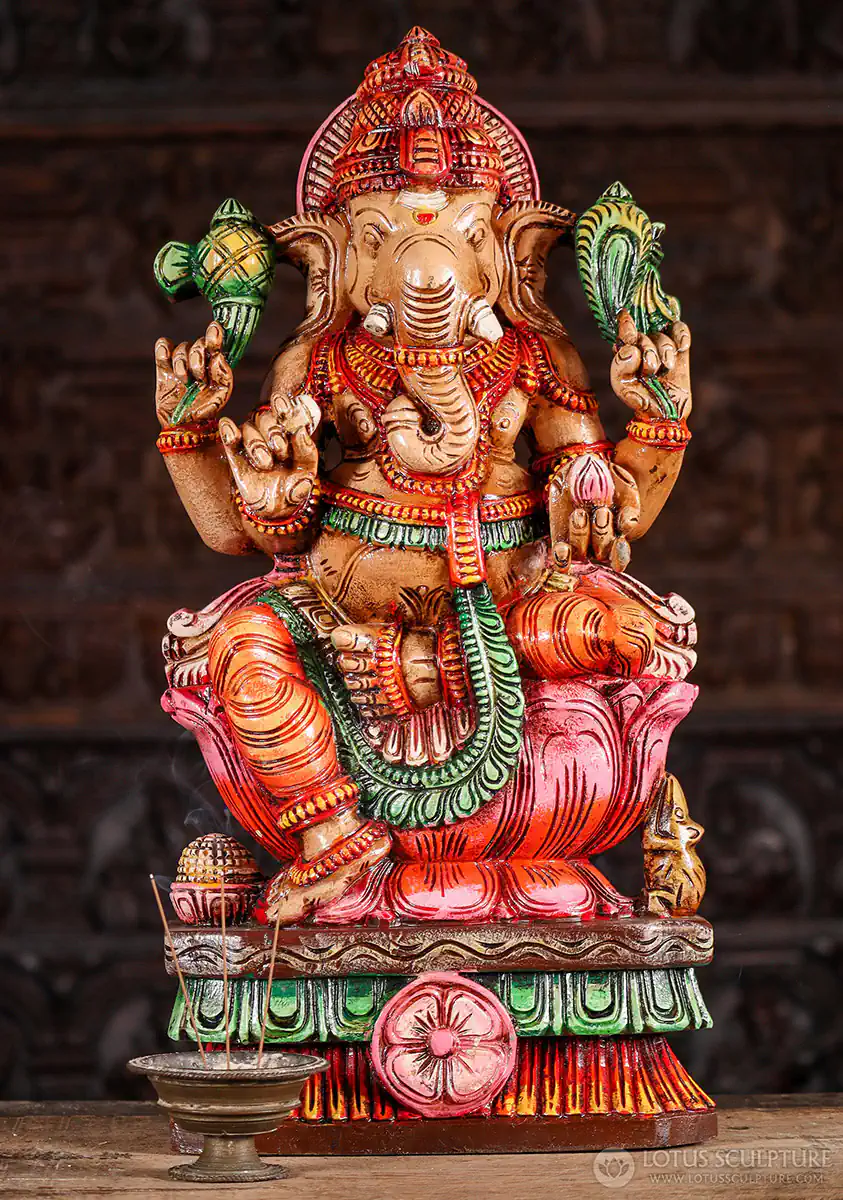 Ganesha Wood Statue Pink-Lotus Lalitasana with Mango, Laddu & Tusk Carved in India 24"