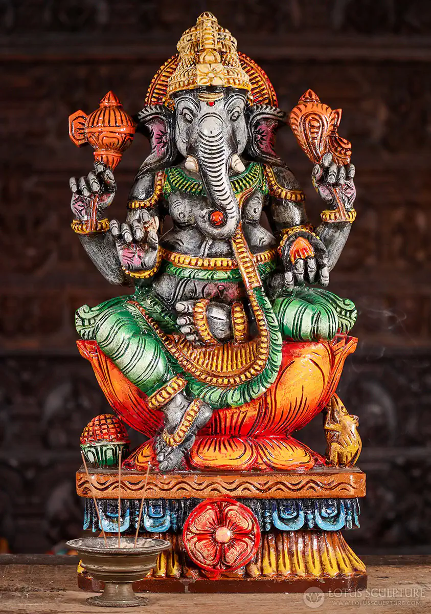 Ganesha Wood Statue Charcoal-Hued Lalitasana Lotus with Mango Slice & Tusk 24"