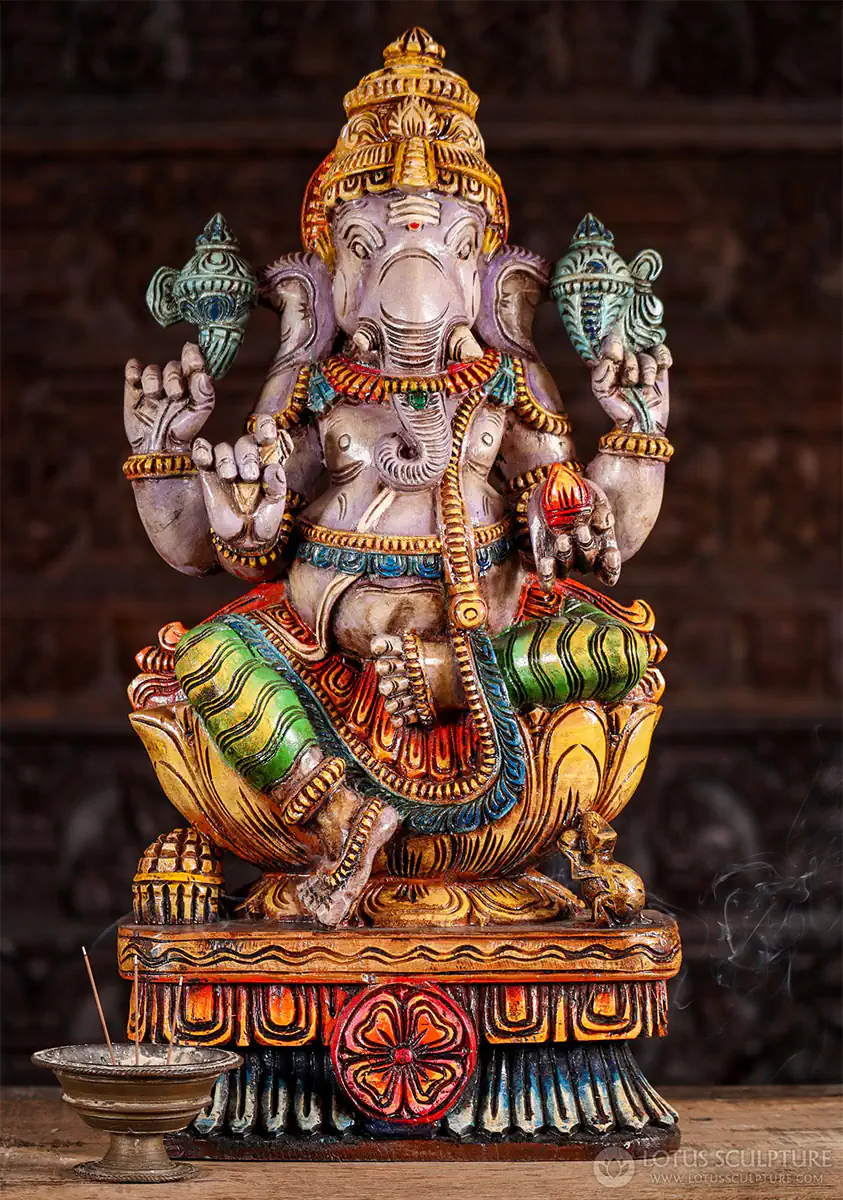 Ganesha Wood Statue Lalitasana Lotus Base with Tusk, Mango, Noose & Goad 24"