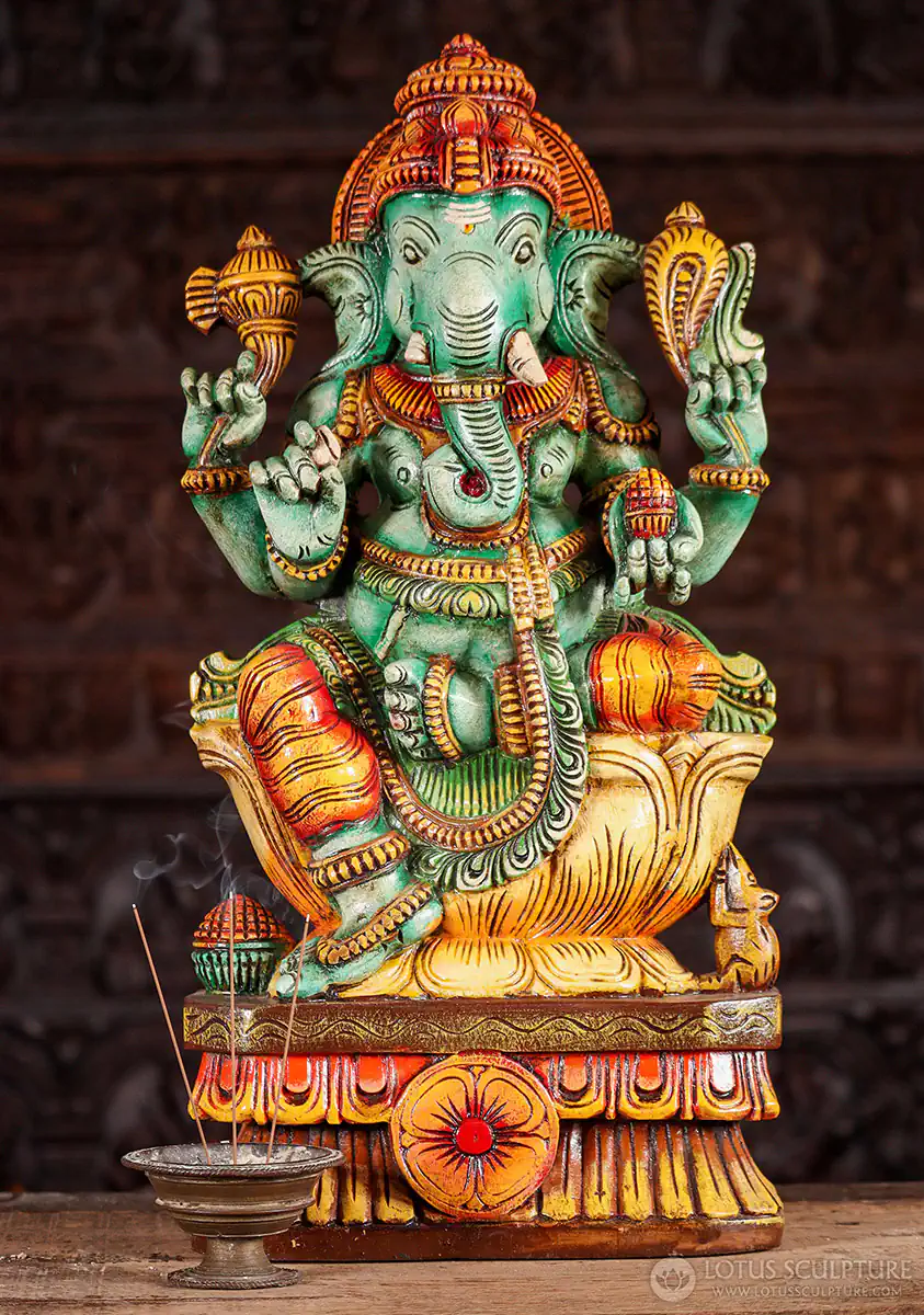 Ganesha Wood Sculpture Emerald Form on Yellow Lotus with Laddu & Tusk 24"
