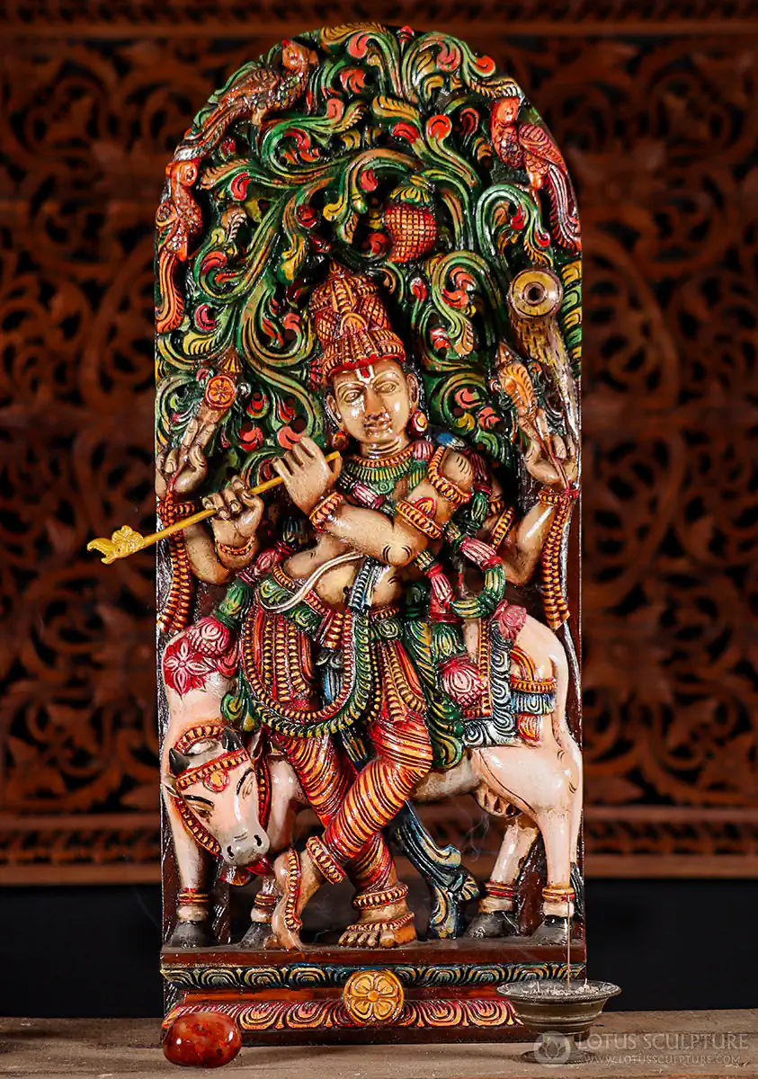 Krishna Wood Sculpture with Flute & Cow under Lush Canopy Arch, India 36"