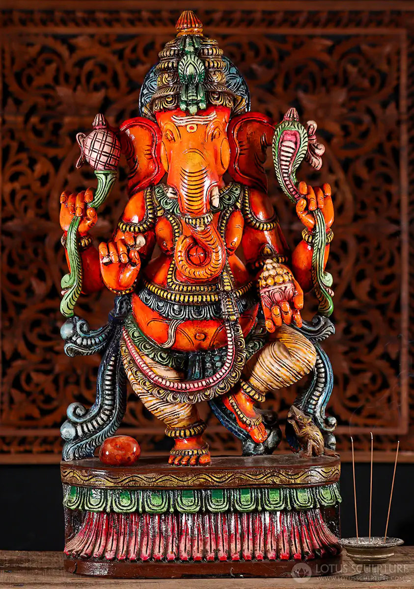 Ganesha Wood Statue Dancing with Laddu, Broken Tusk & Noose 36"