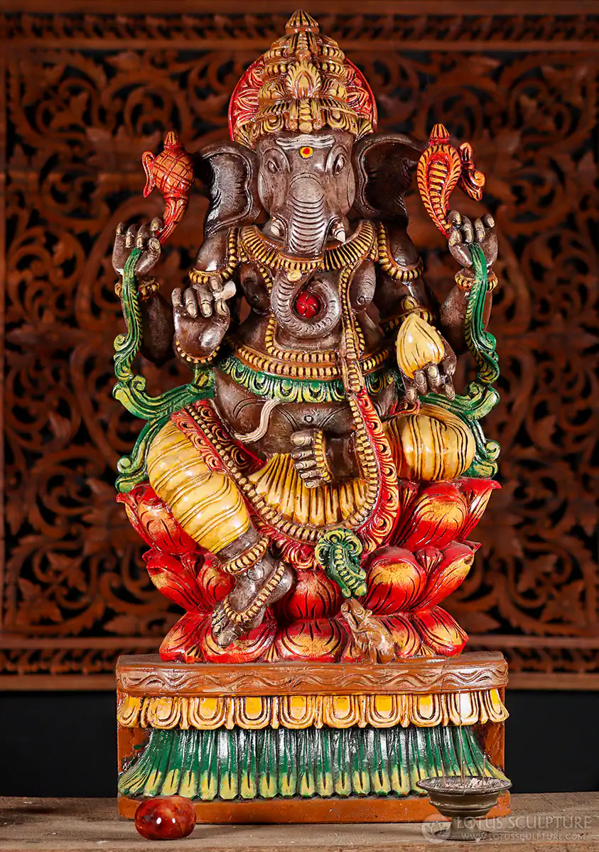 Ganesha Wood Statue on Lotus Base with Tusk, Mango, Noose & Goad 36"