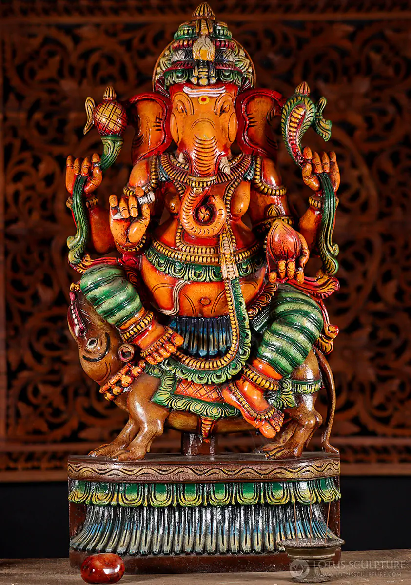 Ganesha Wood Sculpture Riding Mooshika Abhaya Mudra Astride Pose, India 36"