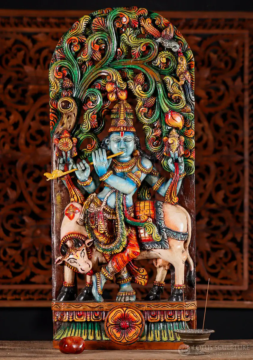Krishna Wood Sculpture Playing Flute with Cow Under Canopy, India 36"