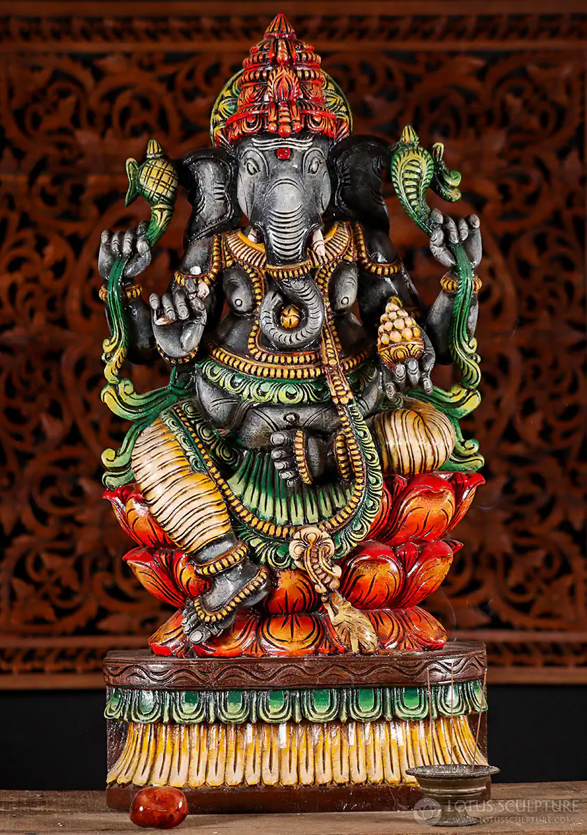 Ganesha Grey Wood Statue on Lotus Base with Tusk, Mango, Noose & Goad 36"