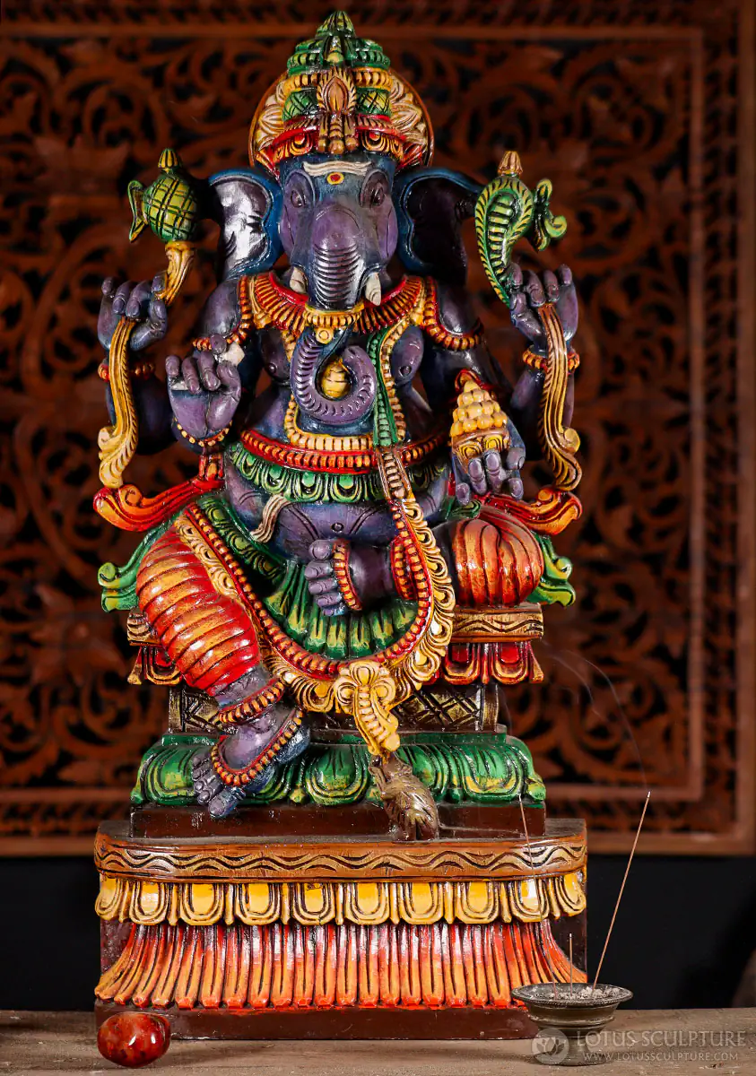 Ganesha Purple Wood Statue on Lotus Base with Tusk, Mango, Noose & Goad 36"