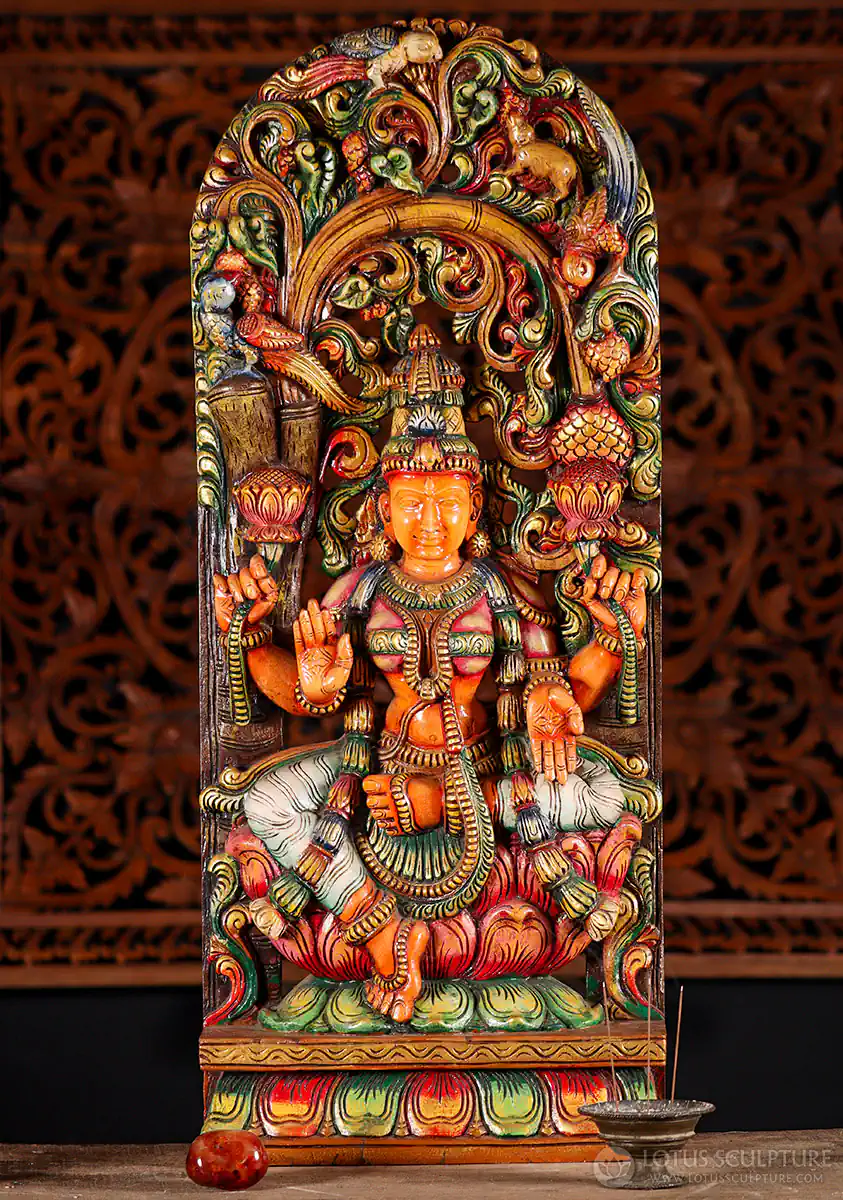 Lakshmi Statue Hand Painted Wood Panel Seated in Lalitasana with Lotus Flowers 36"