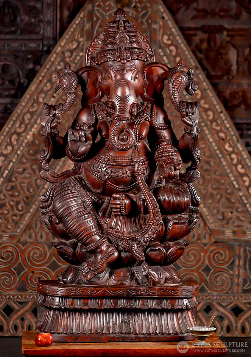 Ganesh Natural Wood Statue Seated in Lalitasana with Laddu and Mooshika 48"