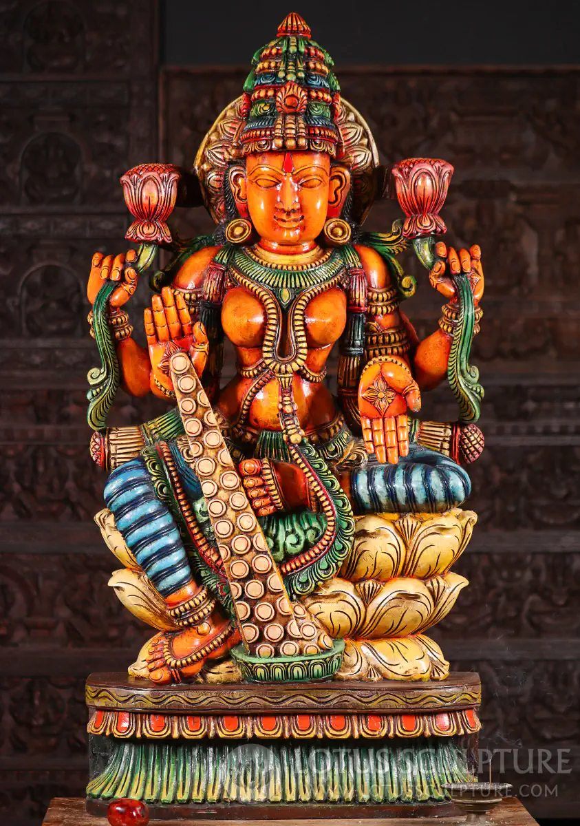 Lakshmi Hand-Carved Wood Statue with Coin Varada & Lotus Flowers, India 48"