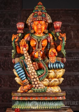 Lakshmi Hand-Carved Wood Statue with Coin Varada & Lotus Flowers, India 48" Lakshmi Hand-Carved Wood Statue with Coin Varada & Lotus Flowers, India 48"
