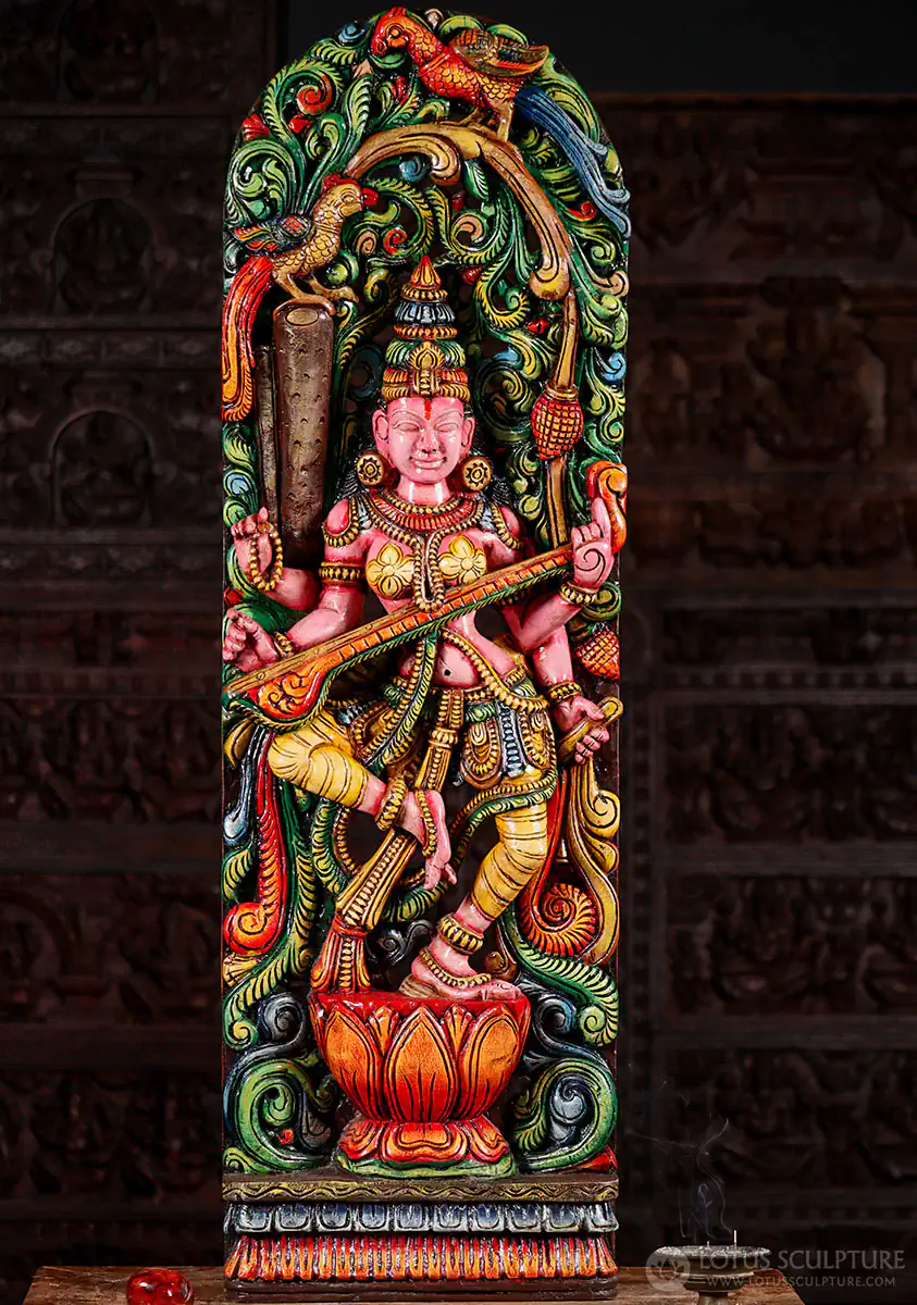 Saraswati Painted Wood Sculpture Dancing with Veena on Lotus Panel Carved in India 48"