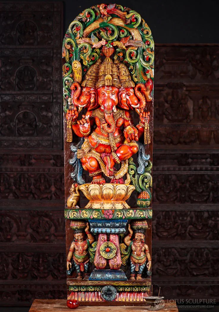 Ganesha Statue Three-Headed Dancing on Lotus, Mango, Noose & Goad, Wood 60"