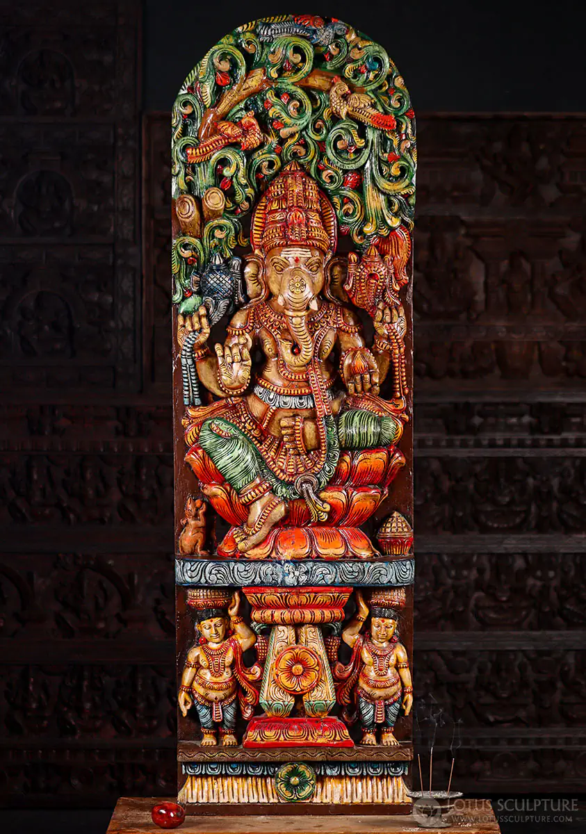 Ganesha Wood Statue South Indian Panel Vibrantly Painted with Canopy and Two Ganas 60"