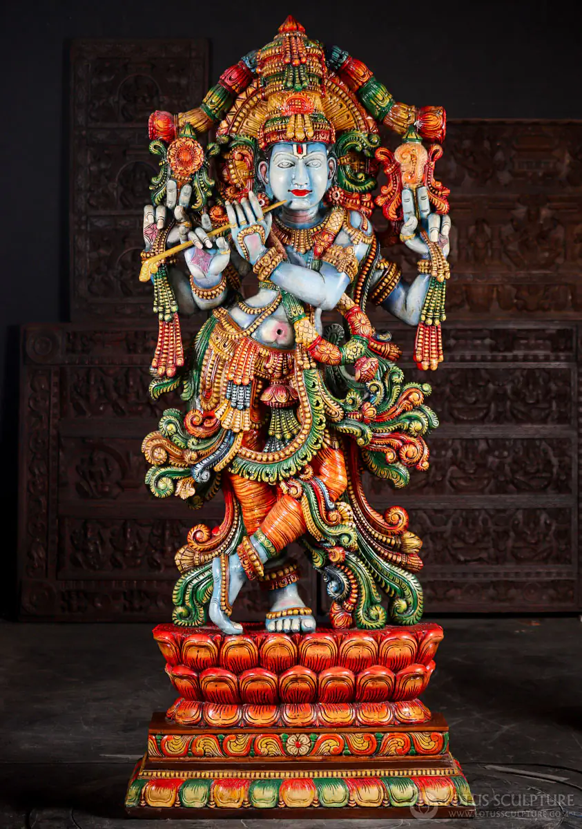 Huge, 7 Foot Tall Krishna Wood Statue Playing Flute with Chakra & Shankha on Lotus, India 84"