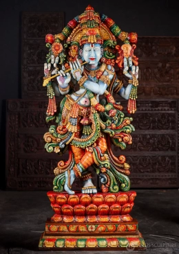 Huge, 7 Foot Tall Krishna Wood Statue Playing Flute with Chakra & Shankha on Lotus, India 84"