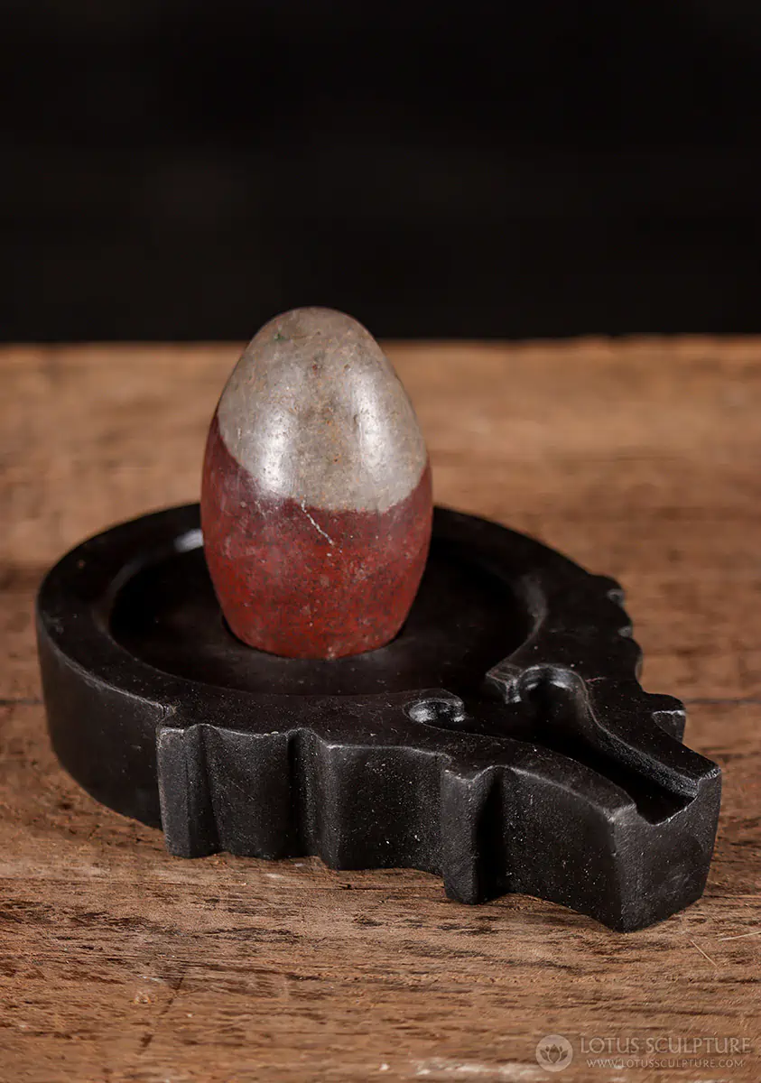 Shiva Lingam Red and Gray Narmada Stone with Carved Yoni Base for Abhishekam Rituals 3.5"