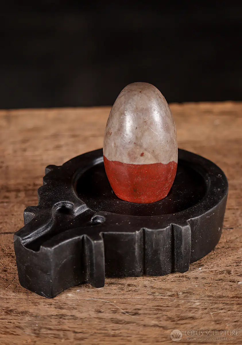 Shiva Lingam Two-Tone Red and Tan Narmada Stone with Carved Yoni for Ritual Worship 3.5"