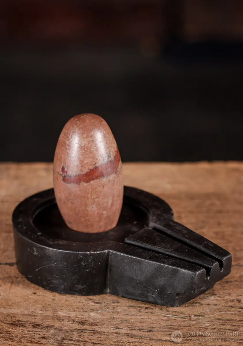 Shiva Lingam Red-Banded Narmada Stone with Hand-Carved Black Yoni Base 3.5"