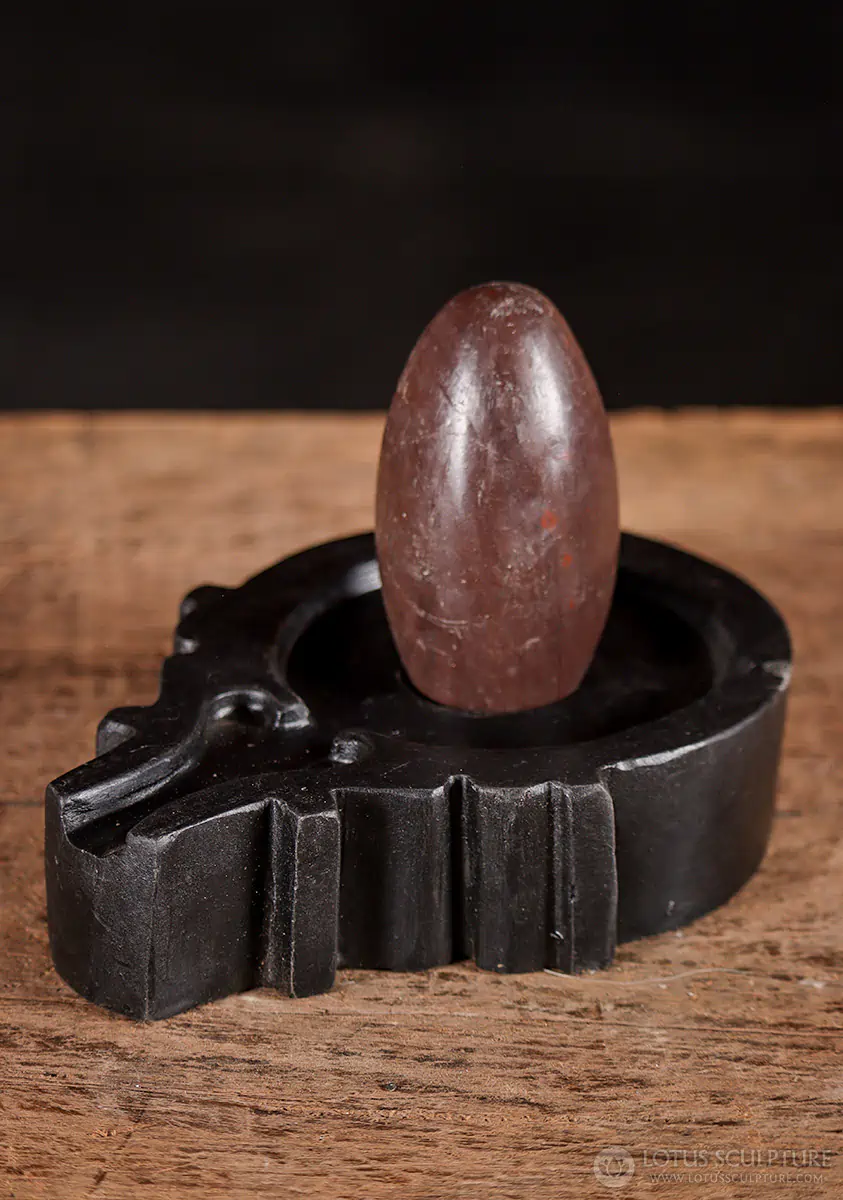 Shiva Lingam Deep Maroon Narmada Stone with Ornate Yoni Base Made in India 3.5"