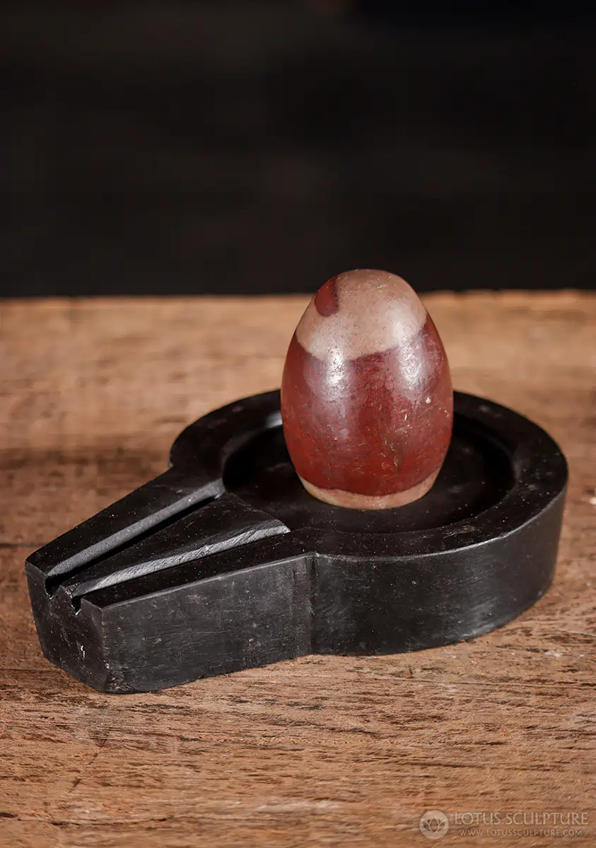 Shiva Lingam Red and Cream Patterned Stone Sculpture on Yoni Base Crafted in India 3.5"