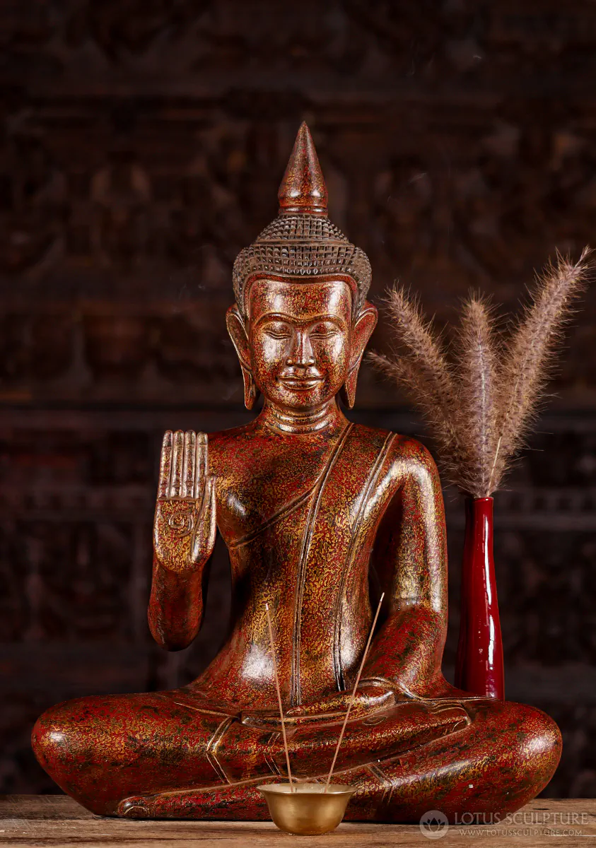 Buddha Wood Statue Cambodian Style in Abhaya and Dhyana Mudras, Hand Painted 21"