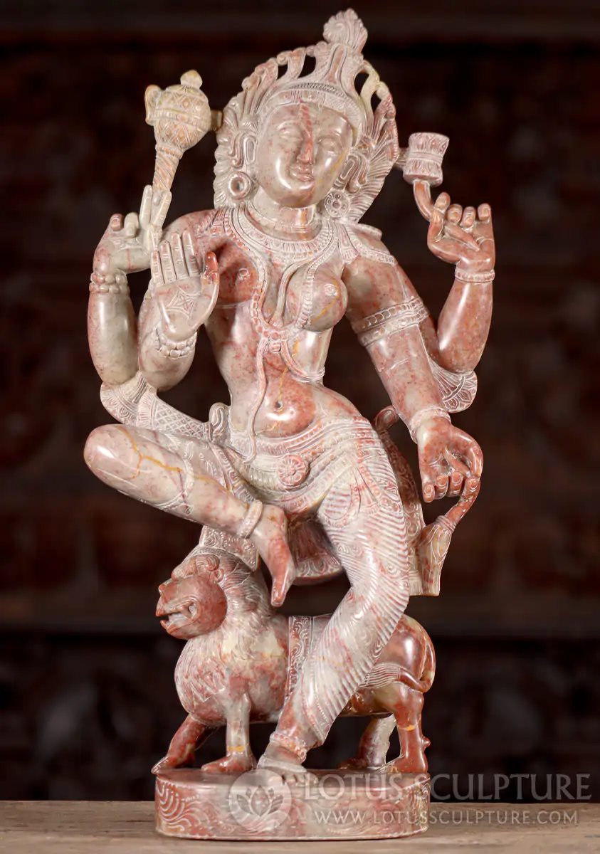 Ardhanarishvara Red Marble Dancing Sculpture, Shiva & Parvati Abhaya Mudra, India 18"