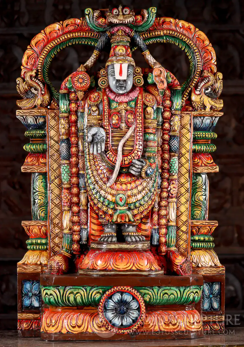 Balaji Painted Wood Standing Statue Standing in Varada Mudra Carved in India 36"