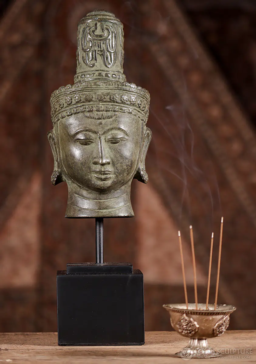 Vishnu Balinese Brass Bust Hindu God on Black Wood Stand Statue 14.5"