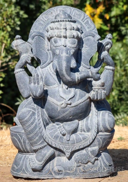 Ganesh Black Granite Garden Sculpture in Abhaya Mudra with Mooshika, Seated in Lalitasana 36"